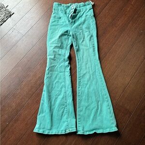 Free People Teal Denim Stretch Flare Trousers
